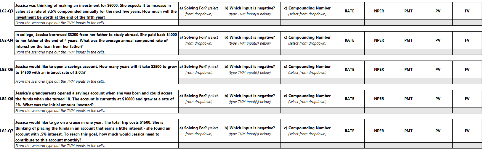 b) Which input is negative? (type TVM input(s) below) c) Compounding