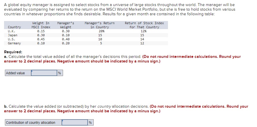  A global equity manager is assigned to select stocks from a