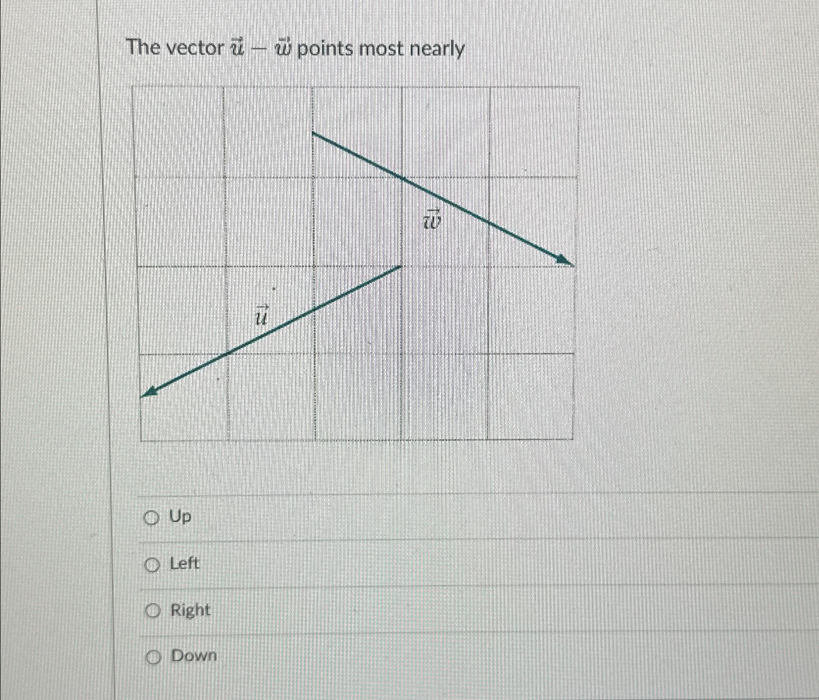  The vector vec(u)-vec(w) points most nearly Up Left Right Down 
