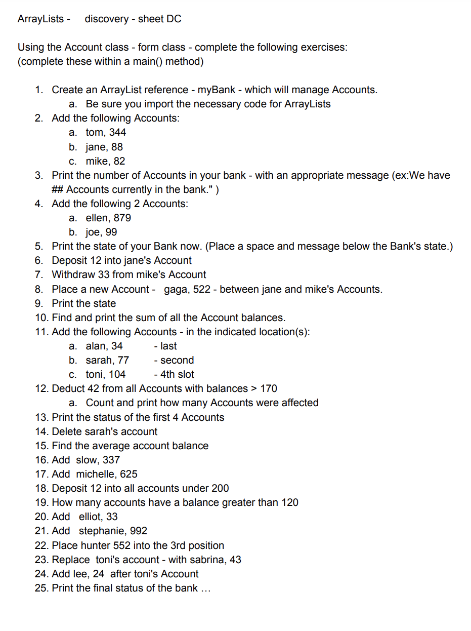 for java using ArrayLists ArrayLists - discovery - sheet DC Using the