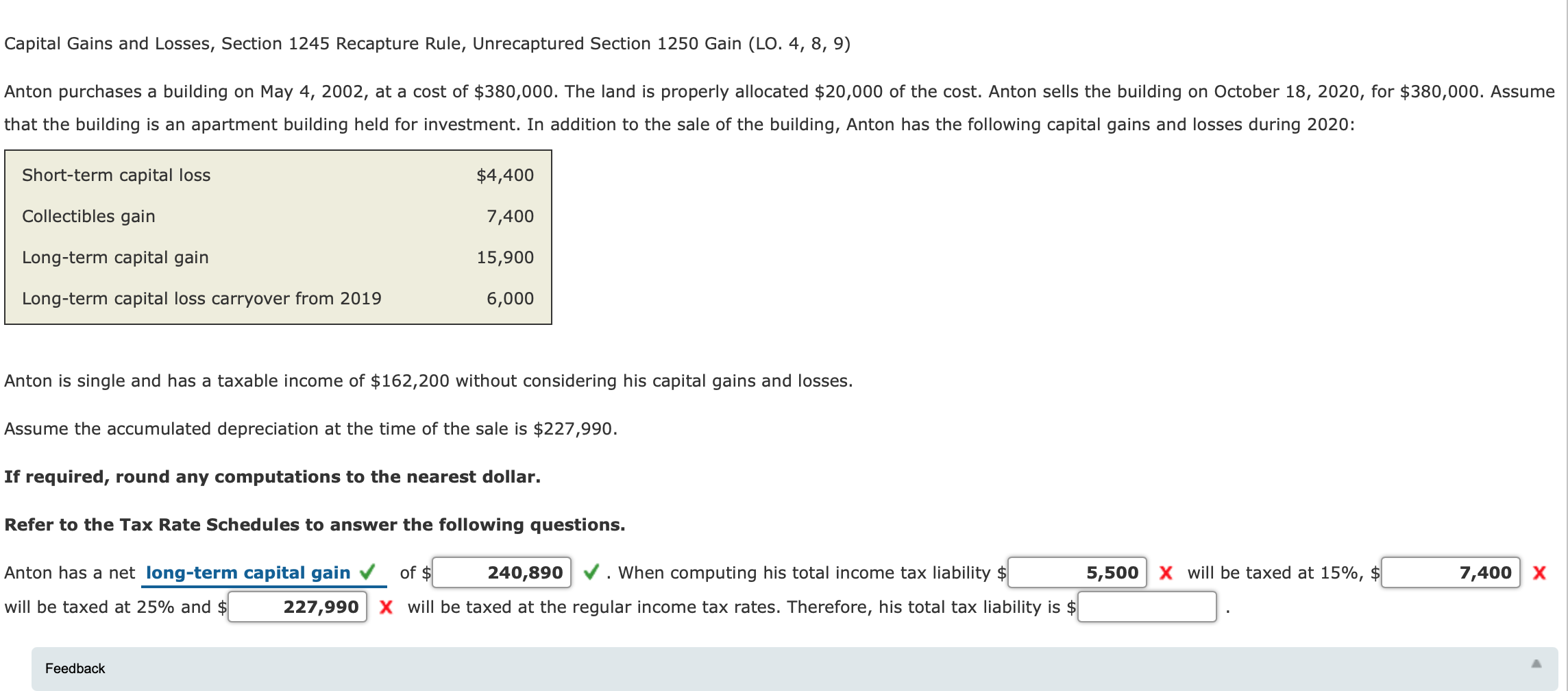 Anton purchases a building on May 4, 2002, at a cost of
