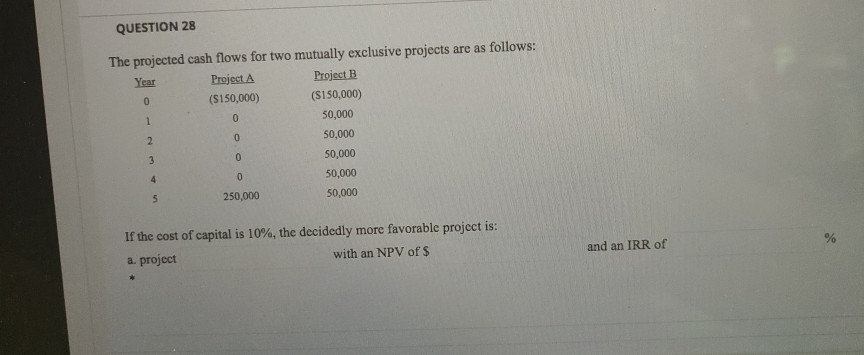  QUESTION 28 The projected cash flows for two mutually exclusive projects