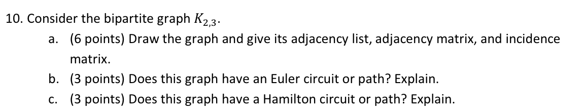  Consider the bipartite graph K2,3. a.(6 points) Draw the graph and