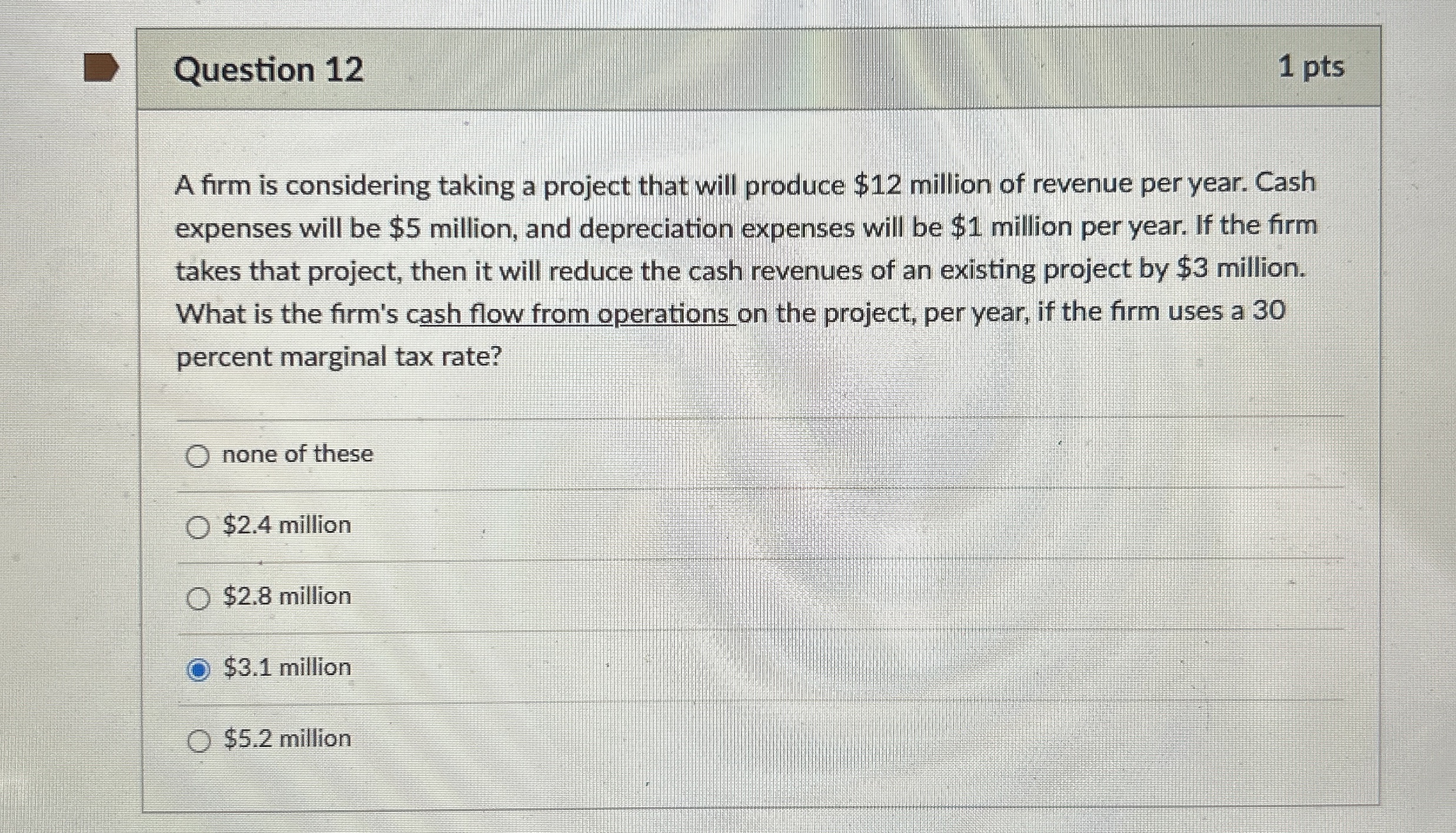  Question 12 1 pts A firm is considering taking a project