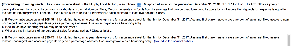 (Forecasting financing needs) The current balance sheet of the Murphy Forklifts,