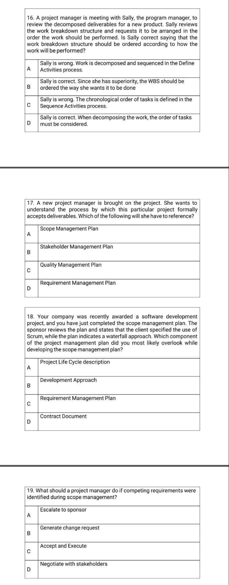 interview stakeholders and create Project Status Requirement Documentation B Project Plan Requirement