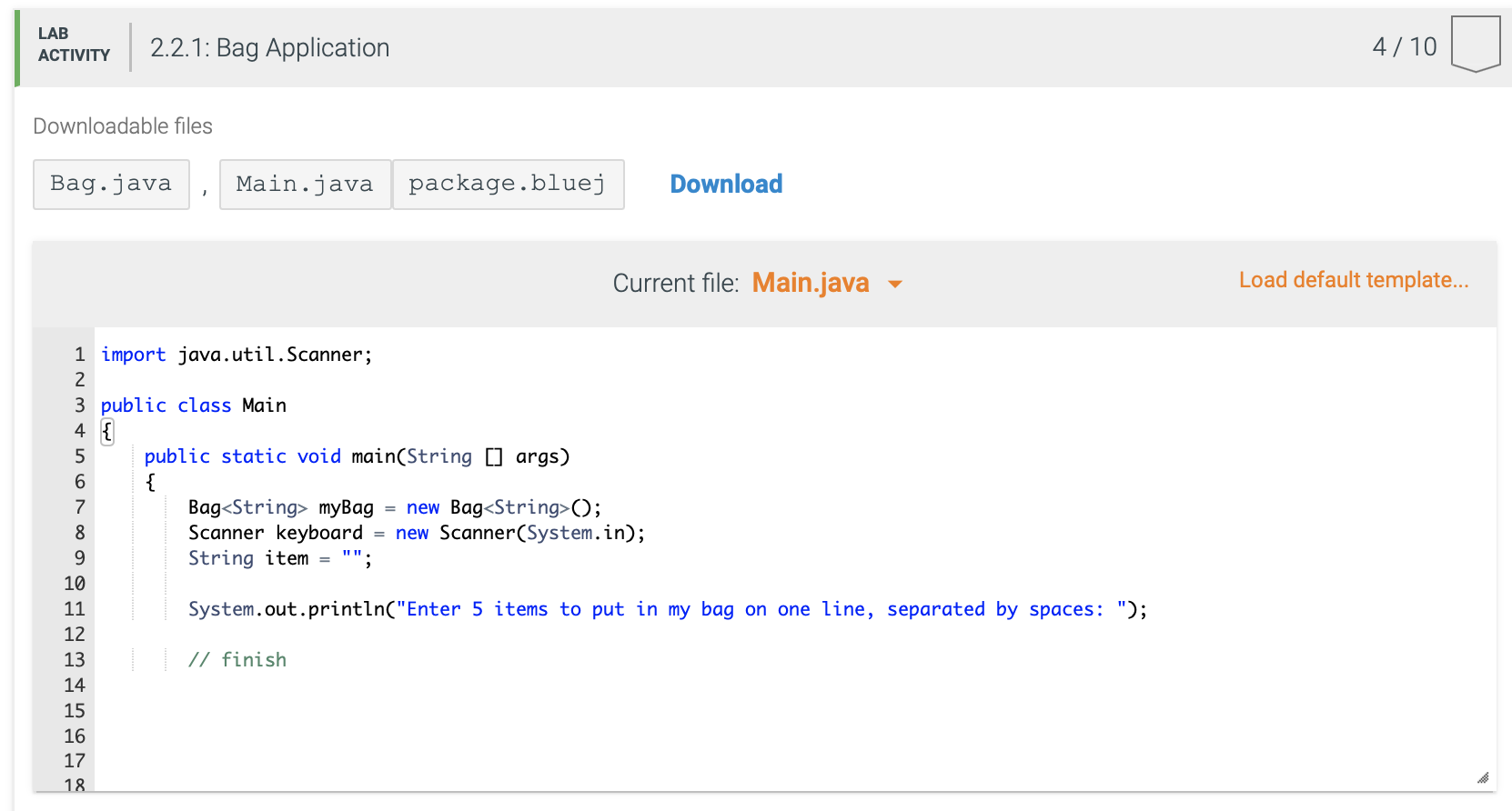 to process a Bag: In the first loop 5 strings are read