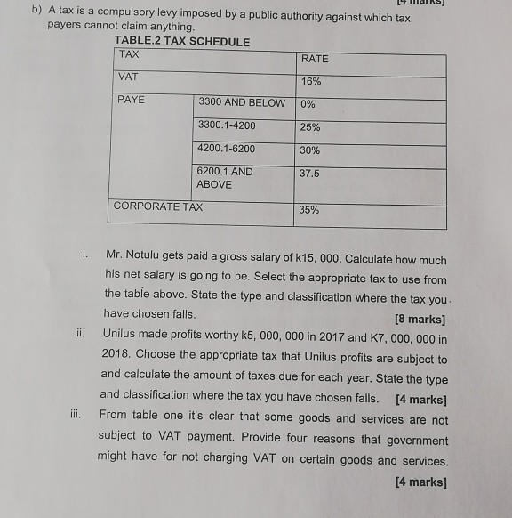  b) A tax is a compulsory levy imposed by a public