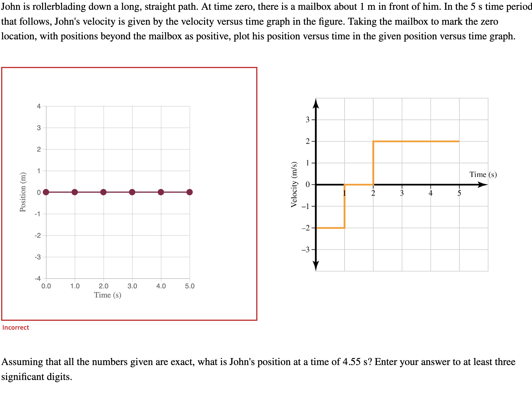  John is rollerblading down a long, straight path. At time zero,