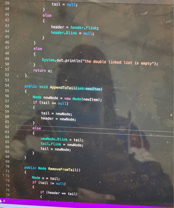 public DoublelinkedList() header = null; tail = null; public void AppendToHead (int