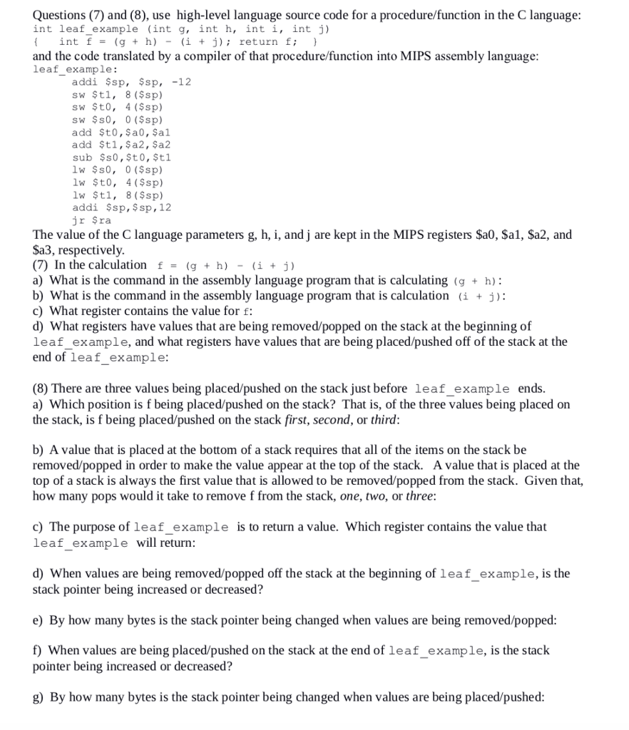 Computer Architecture: adding to stack with MIPS # 8 only Questions(7) and