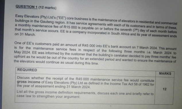  QUESTION 1(12 marks) Easy Elevators (Pty) Ltd's ("EE") core business is