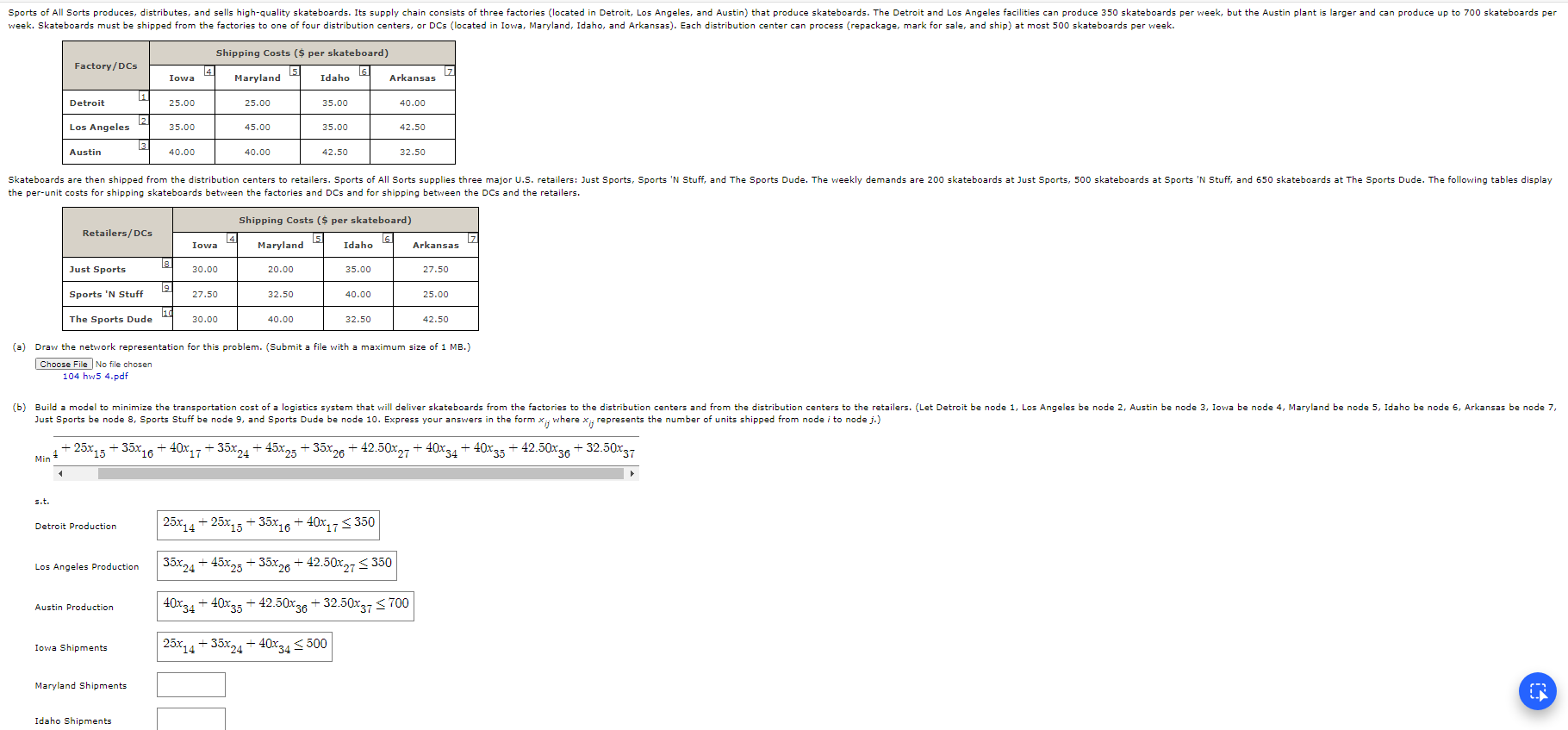  (a) Draw the network representation for this problem. (Submit a file