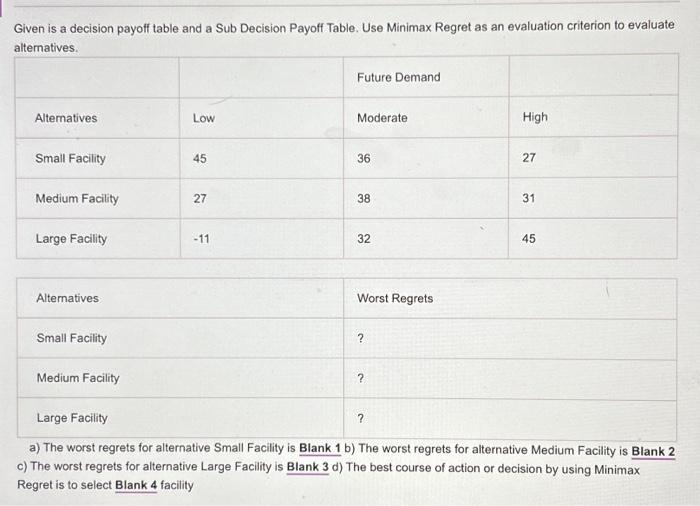  Given is a decision payoff table and a Sub Decision Payoff