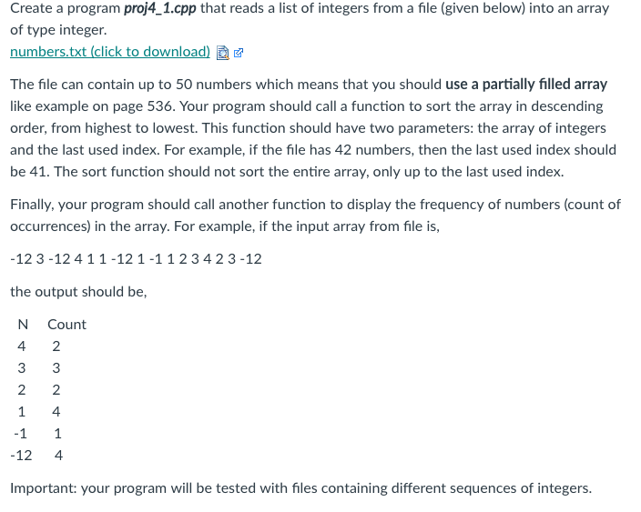 Create the following program using C++, of type integer numbers.txt (click to