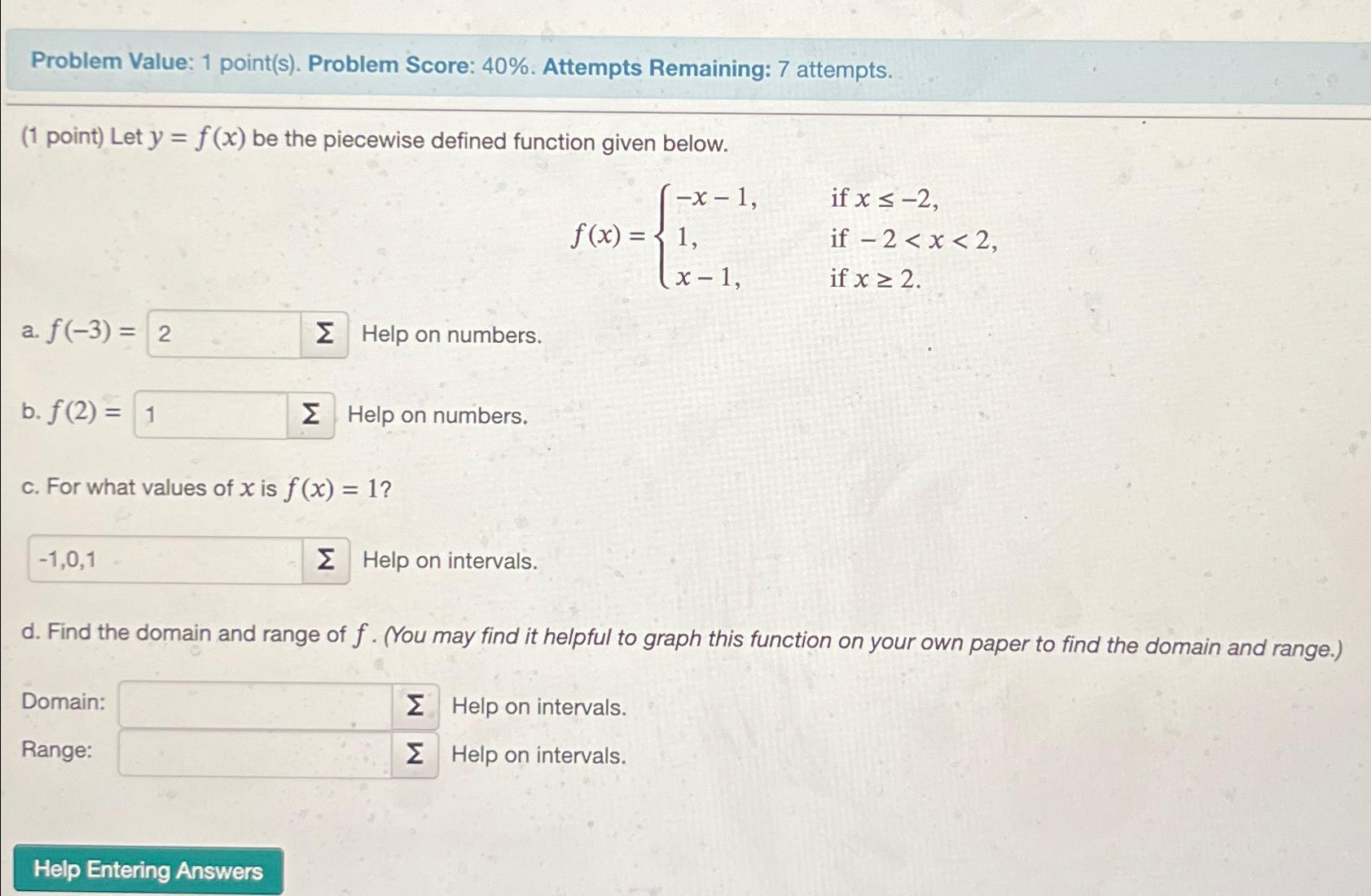  Problem Value: 1 point(s). Problem Score: 40%. Attempts Remaining: 7 attempts.