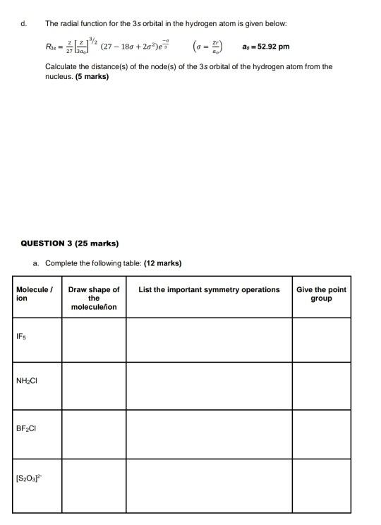 Please correct answers d. The radial function for the 3s orbital