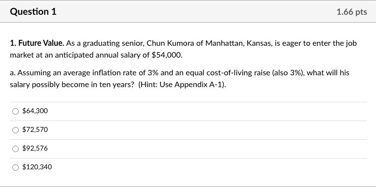  Question 1 1.66 pts 1. Future Value. As a graduating senior,