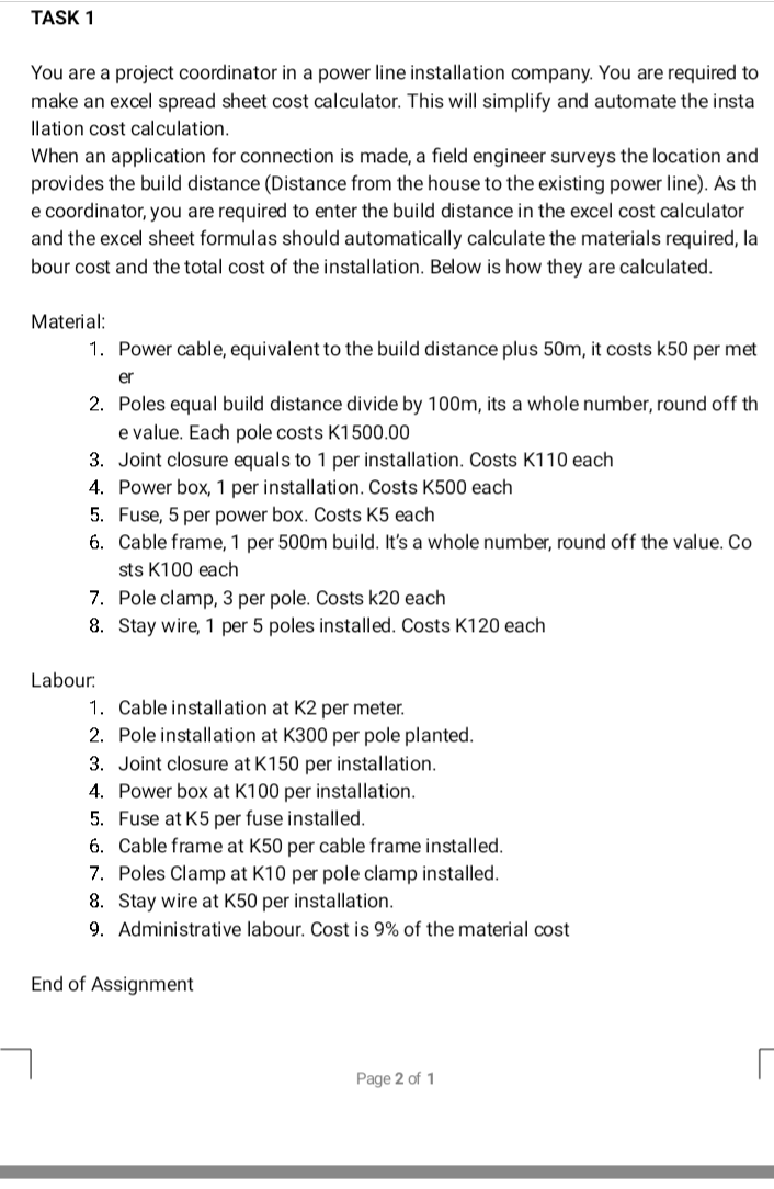  TASK 1 You are a project coordinator in a power line