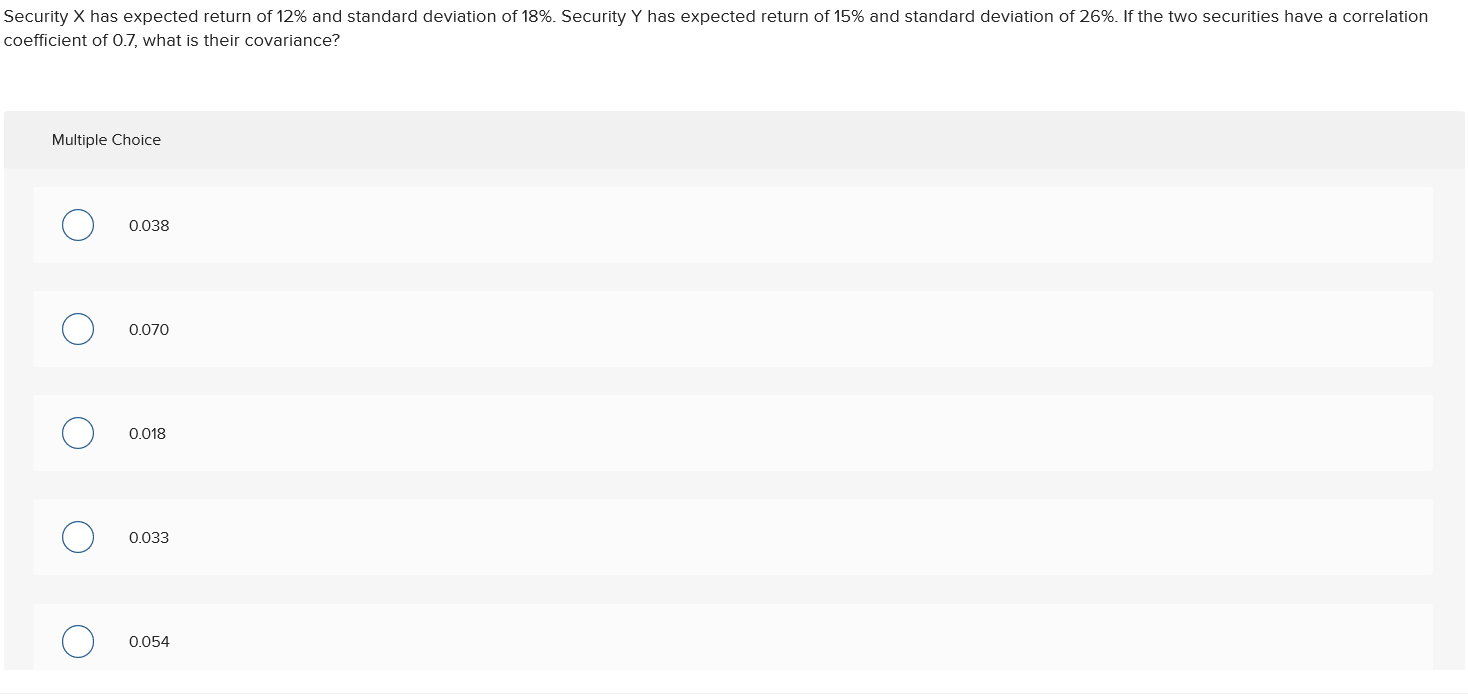 Security X has expected return of 12% and standard deviation of