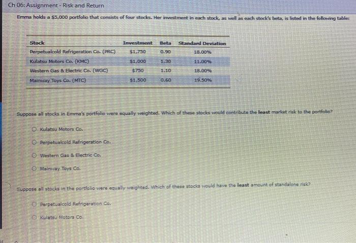  Ch 06: Assignment - Risk and Return Emma holds a $5,000