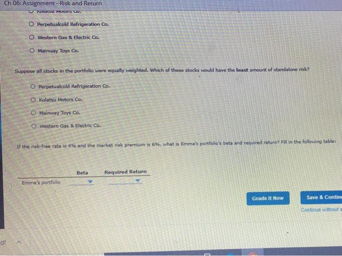 portfolio that consists of four stocks. Her investment in each stock, as