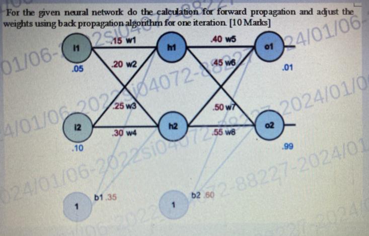  For the given neural network do the calculation for forward propagation