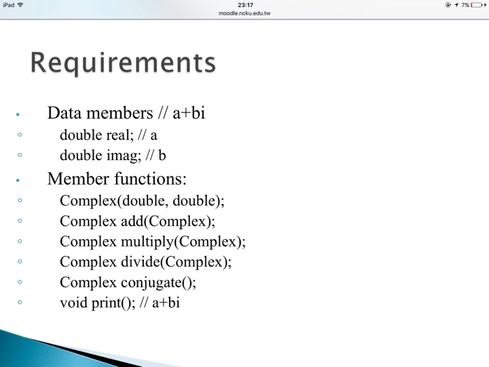 1. Complex.cpp which contain only class declaration with member data and function,