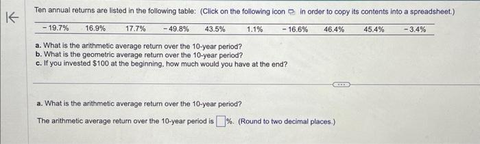  a. What is the arithmetic average return over the 10 -year