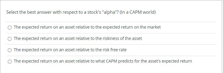  Select the best answer with respect to a stock's "alpha"? (In