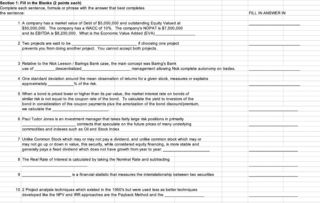 Section 1: Fill in the Blanks (2 points each) Complete each