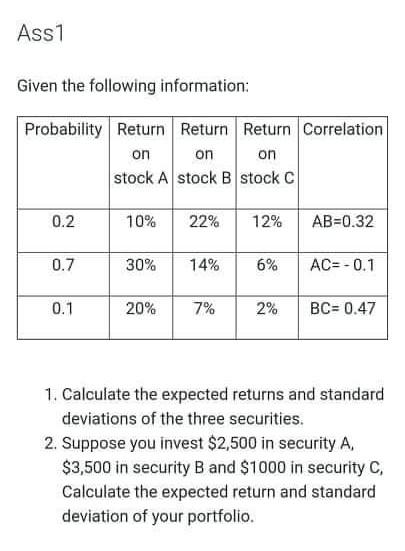  Ass1 Given the following information: Probability Return Return Return Correlation on