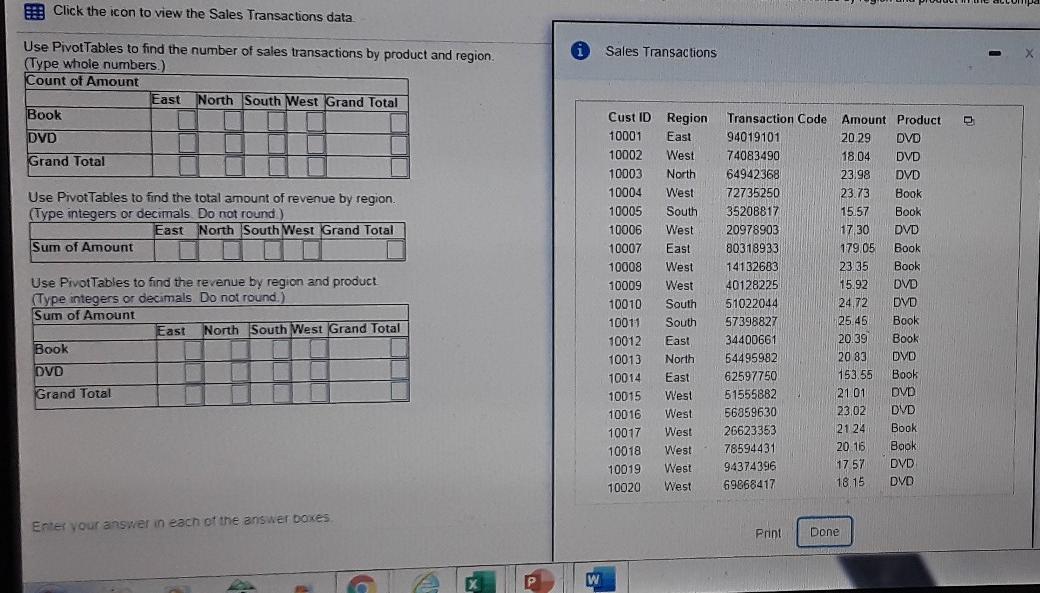find the number of sales transactions by product and region, total amount