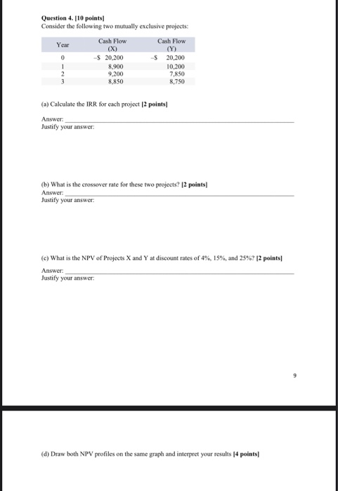  Question 4. [10 points Consider the following two mutually exclusive projects: