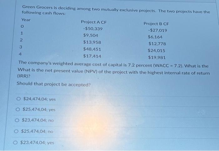  Green Grocers is deciding among two mutually exclusive projects. The two