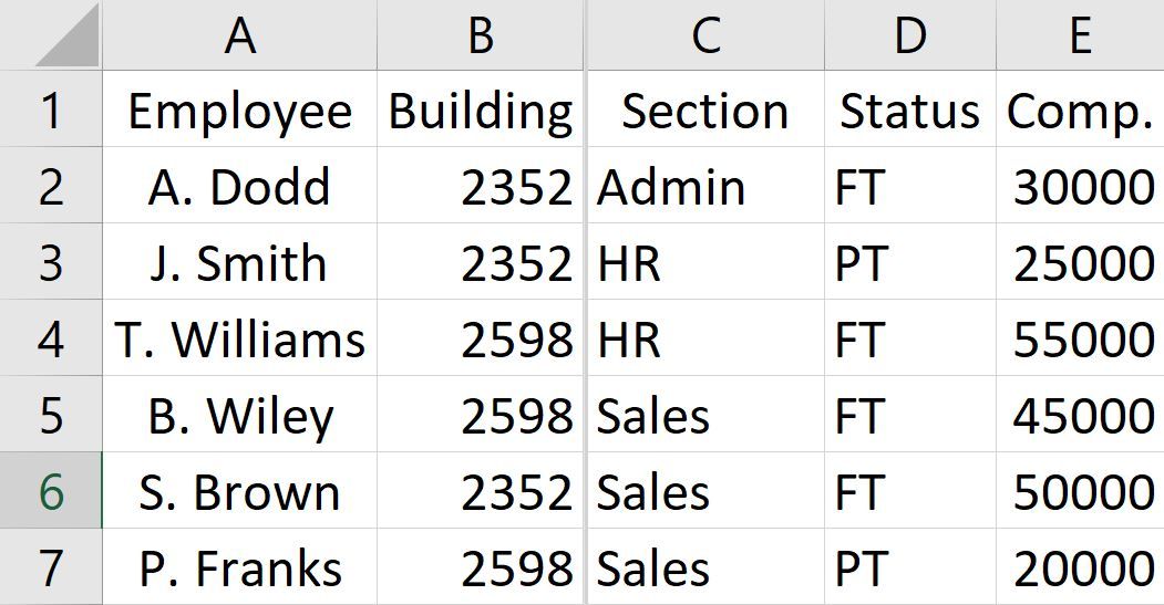 The worksheet below has the split feature active as shown by the
