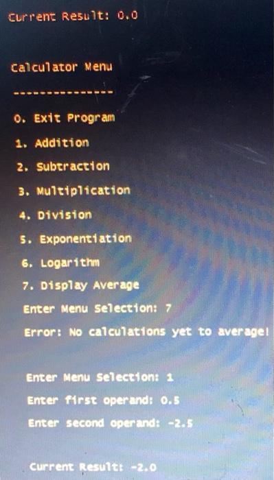 of options vhich includes several arithmetic operations as well as options to