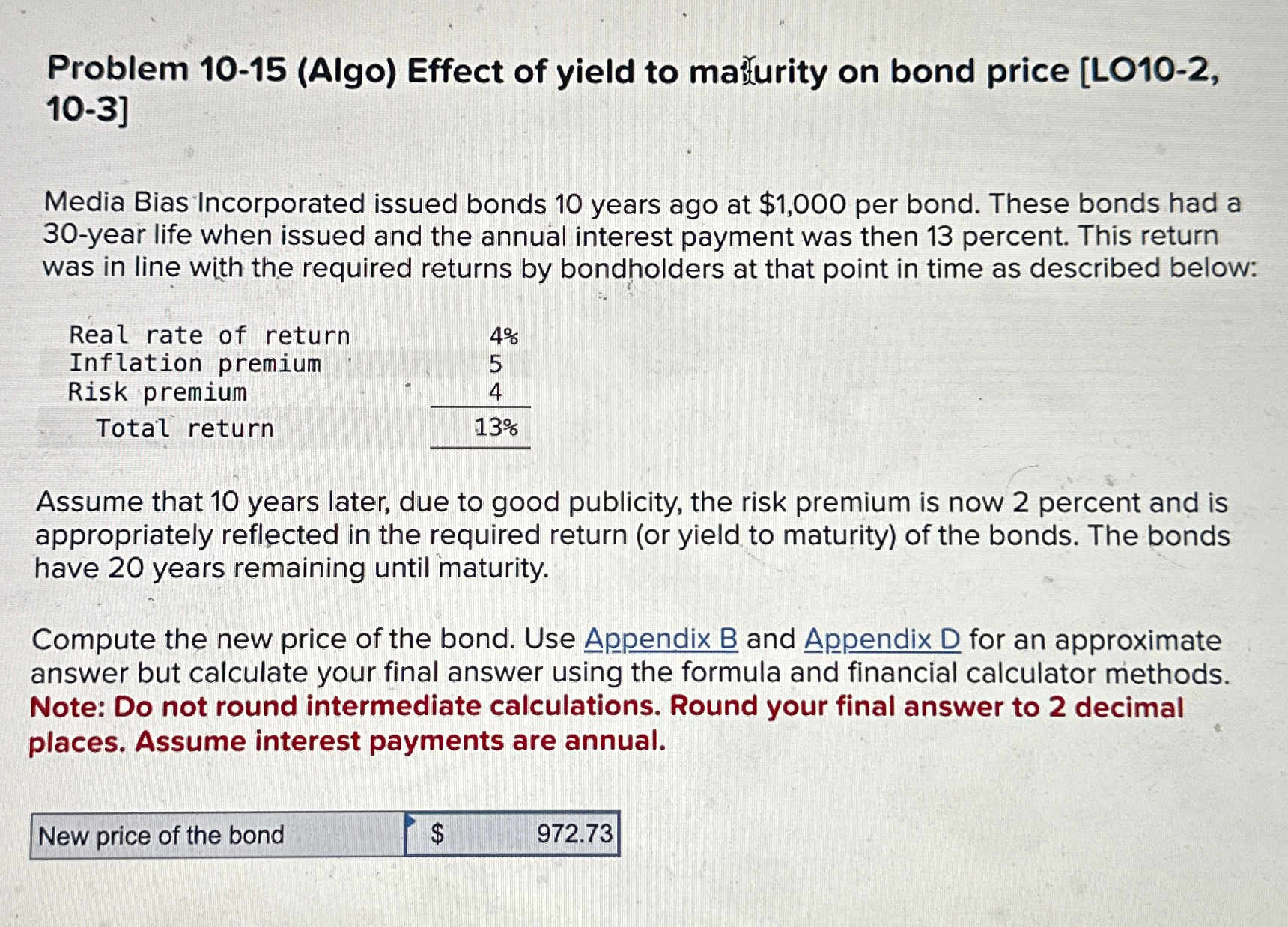  Problem 10-15(Algo) Effect of yield to mathrity on bond price [LO10-2,10-3]