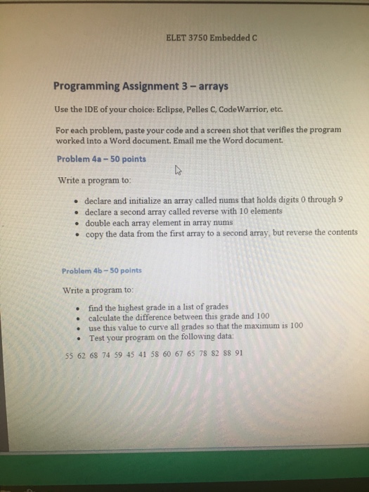  ELET 3750 Embedded C Programming Assignment 3 - arrays Use the