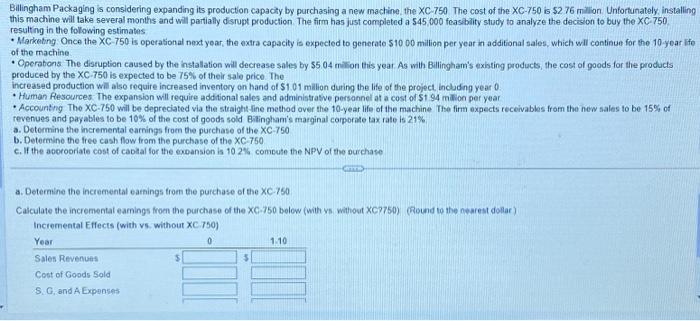  Billingham Packaging is considering expanding its production capacily by purchasing a
