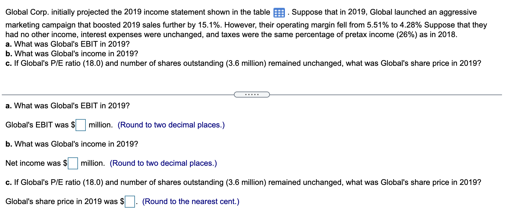  Global Corp. initially projected the 2019 income statement shown in the