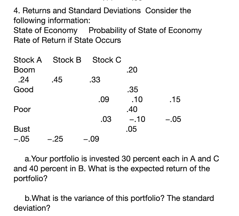 4. Returns and Standard Deviations Consider the following information: State of