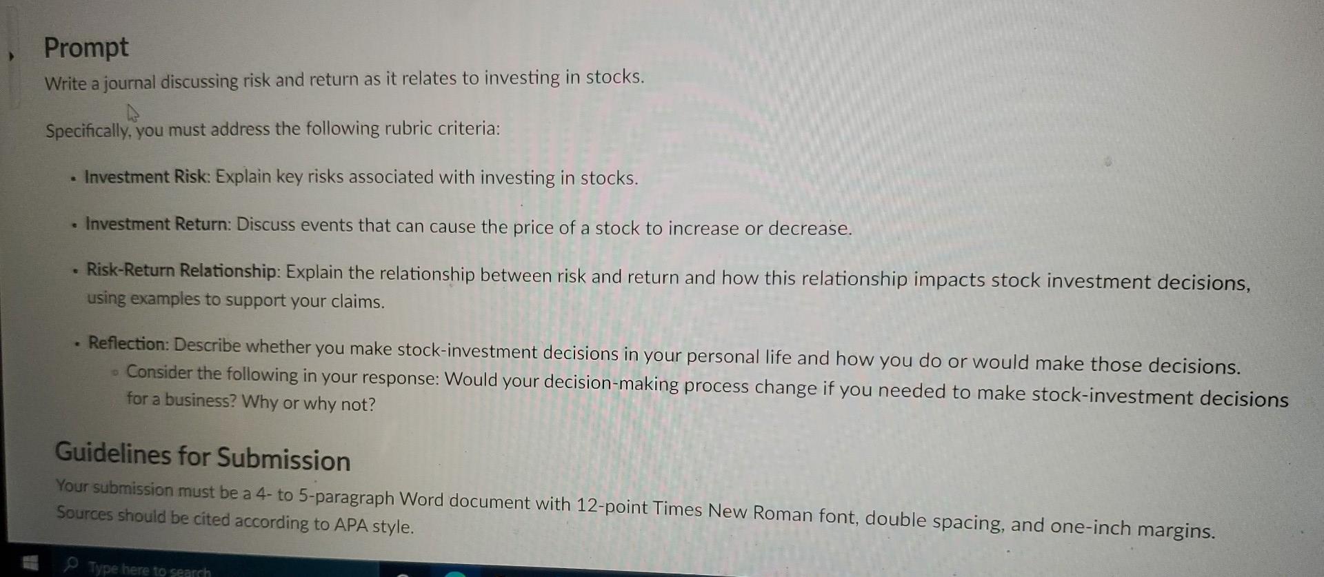  Prompt Write a journal discussing risk and return as it relates