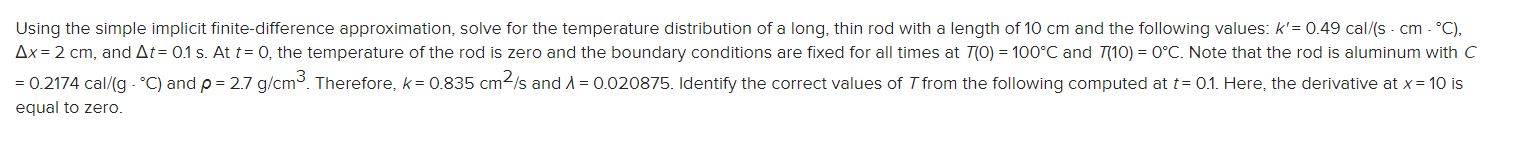  Using the simple implicit finite-difference approximation, solve for the temperature distribution