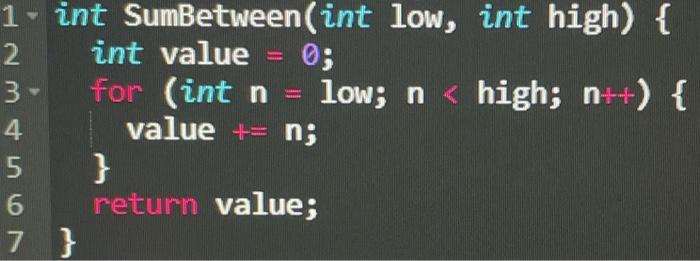 low and high. This function should calculate the sum of all integers