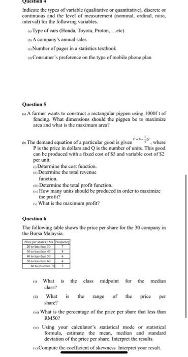  Indicate the types of variable (qualitative or quantitative), discrete or continuous