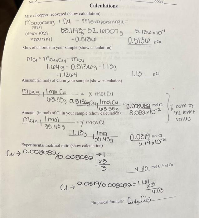UNITS WITH EACH NUMERICAL VALUE. Volume of copper chloride solution in your