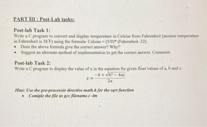  Post-lab Task 1: Write a C program to convert and display