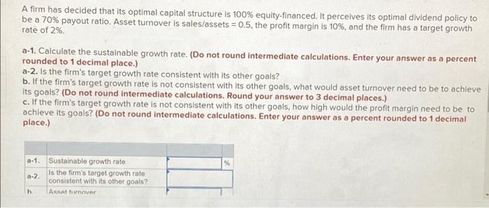  A firm has decided that its optimal capital structure is 100%