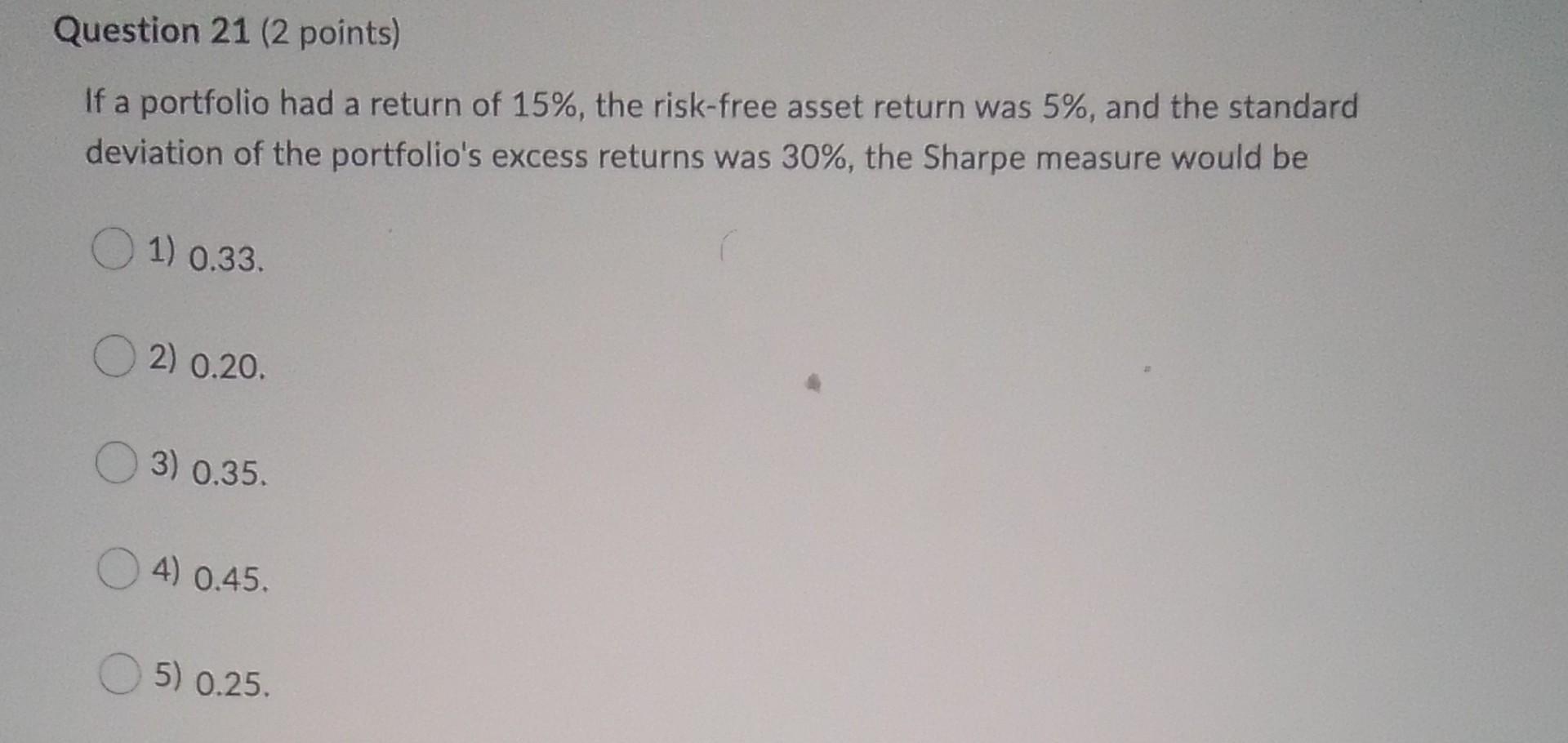  Question 21 (2 points) If a portfolio had a return of